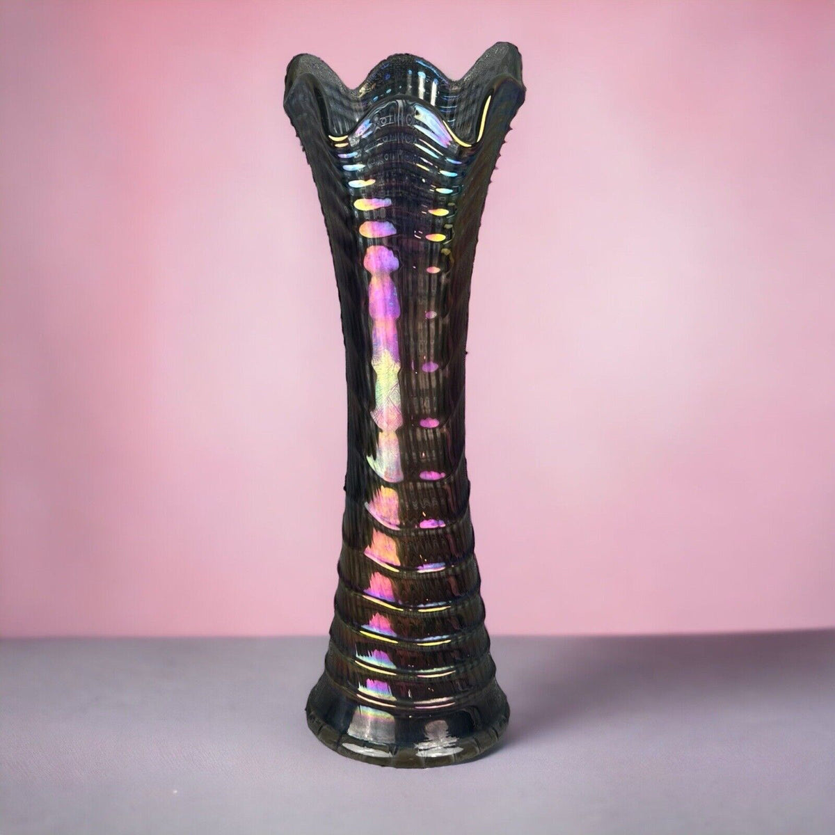 Vintage Electric Purple 12'' Amethyst Carnival Glass Vase Imperial Ripple