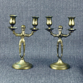 Pair of Solid Brass  Candle Holders - Old Man with Beard