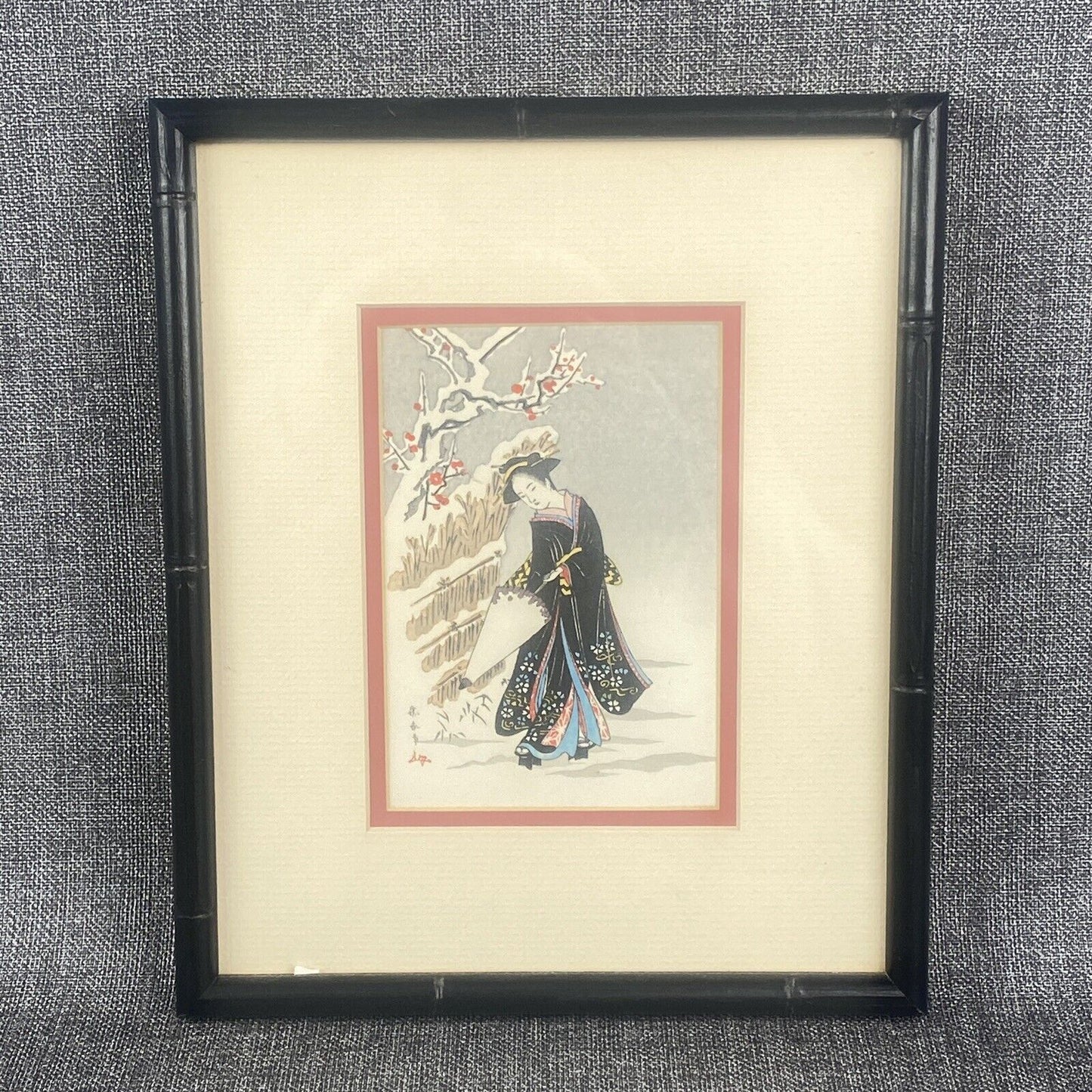 Asian Black Lacquer Decor Bird, Framed Art 11" x 9"  Japanese 'A Beauty'