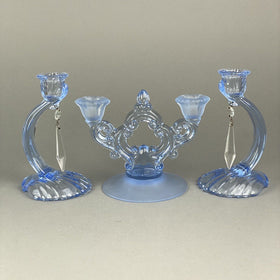 Vintage Cambridge Caprice Moonlight Blue Glass Candlesticks Candle Holders Set