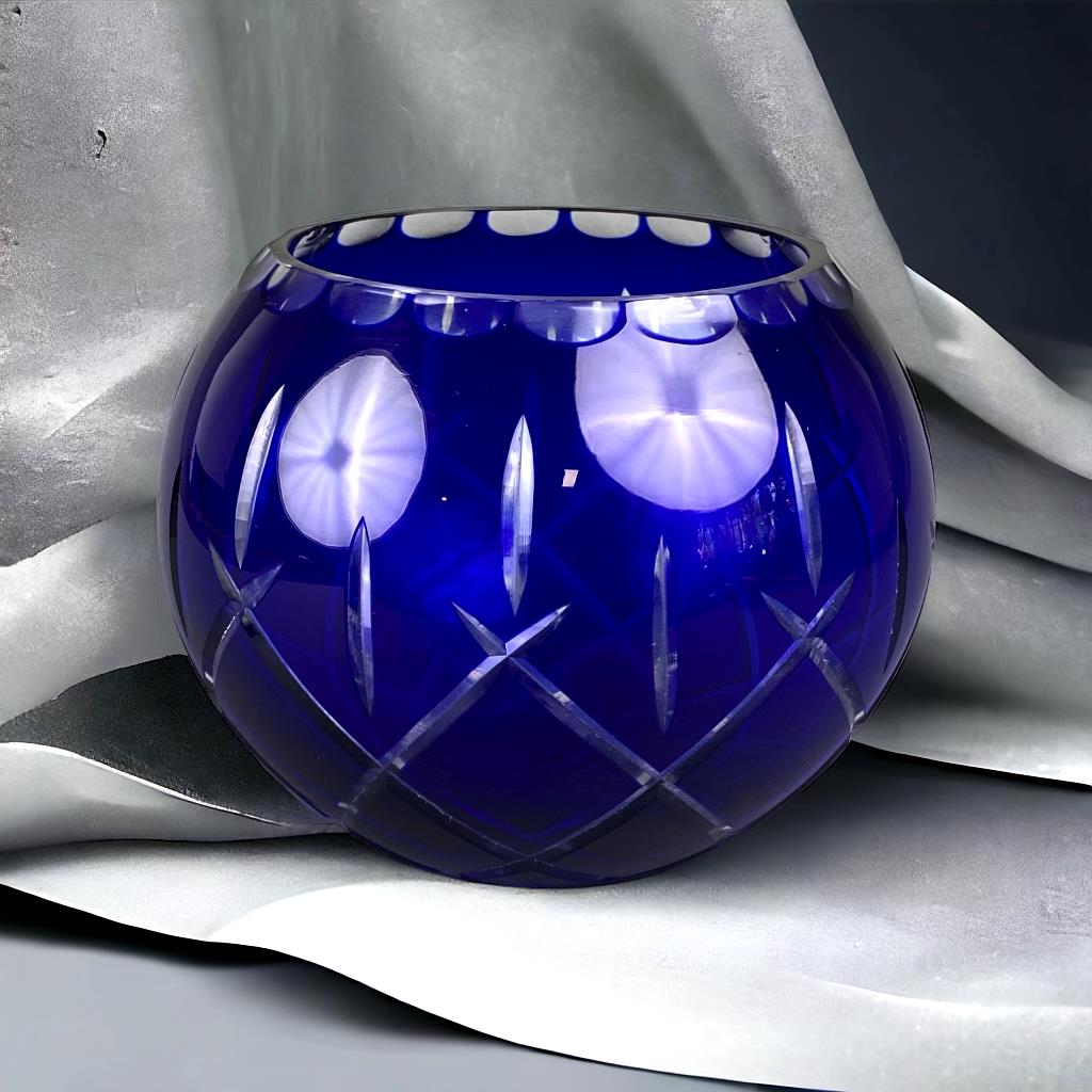 Cobalt Blue Crystal Rose Bowl in Lady Anne Starburst Pattern