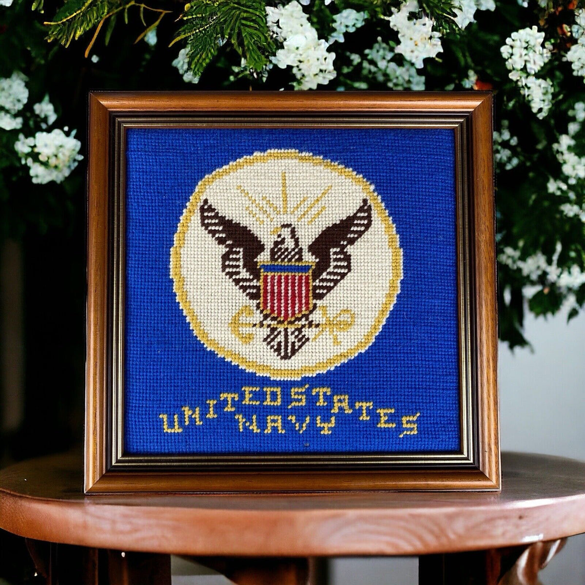 Vintage Navy Cross-Stitch with Eagle 12" x 12" Wooden Frame