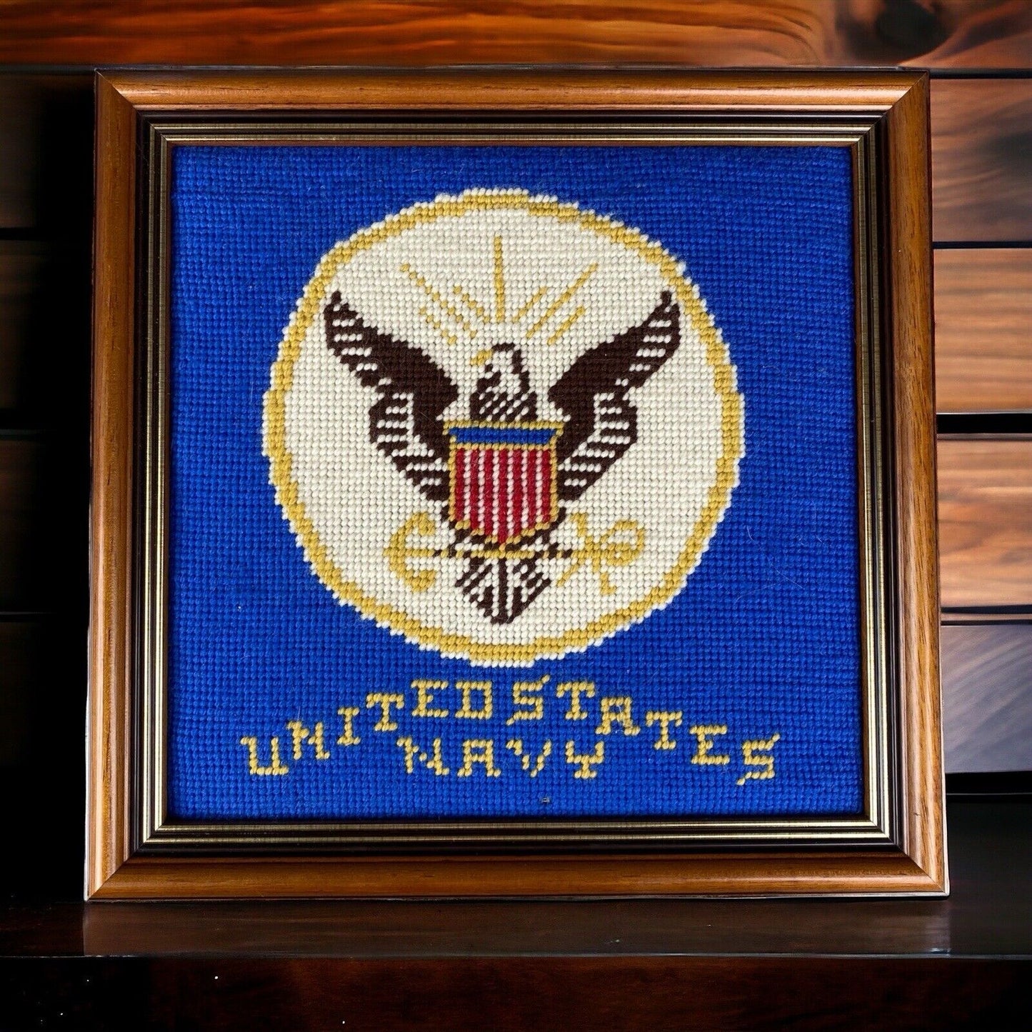 Vintage Navy Cross-Stitch with Eagle 12" x 12" Wooden Frame