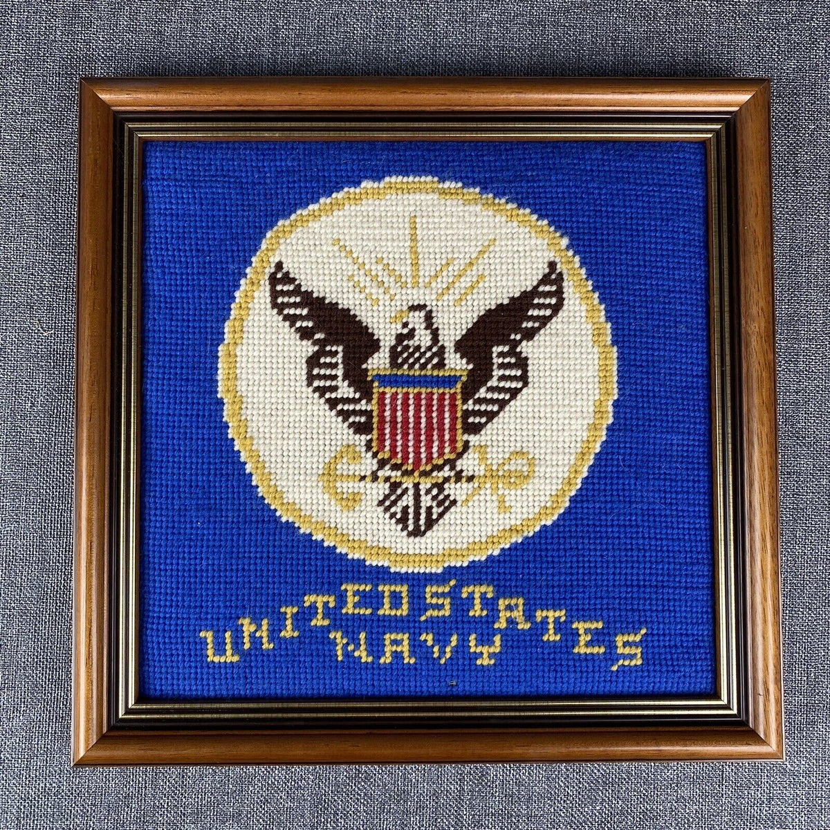 Vintage Navy Cross-Stitch with Eagle 12" x 12" Wooden Frame