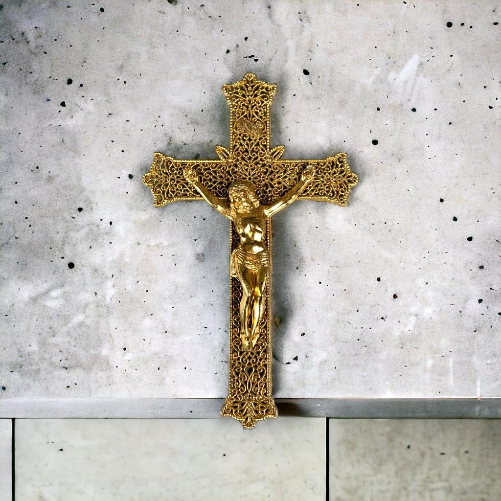 Crucifix Jesus Catholic Cross INRISolid Brass Gold-Tone Filigree Wall Decor 9”