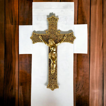 Crucifix Jesus Catholic Cross INRISolid Brass Gold-Tone Filigree Wall Decor 9”