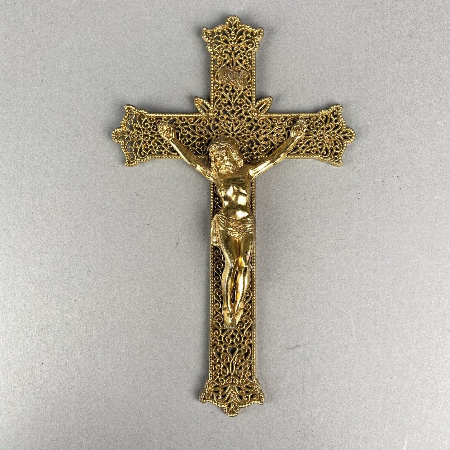 Crucifix Jesus Catholic Cross INRISolid Brass Gold-Tone Filigree Wall Decor 9”