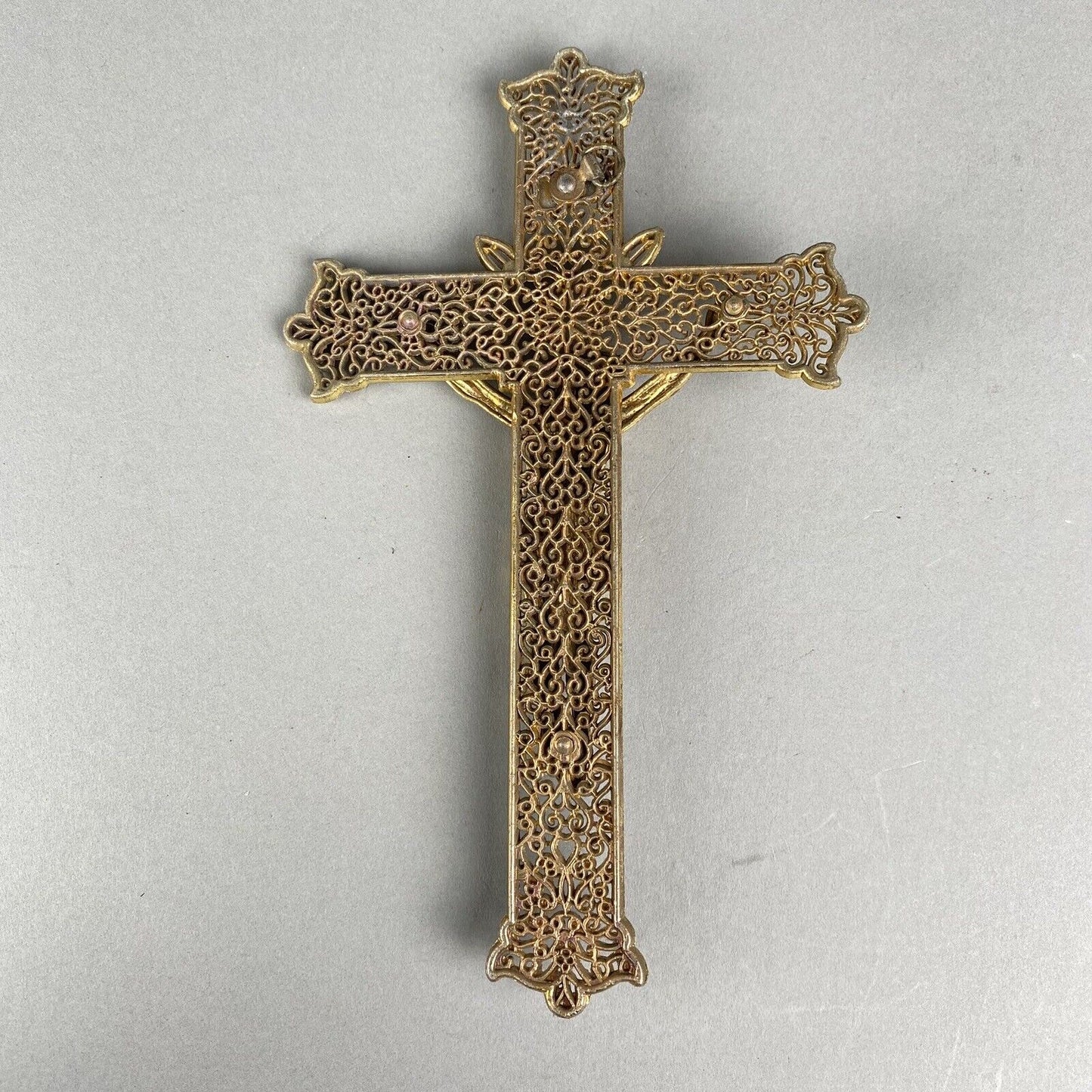 Crucifix Jesus Catholic Cross INRISolid Brass Gold-Tone Filigree Wall Decor 9”