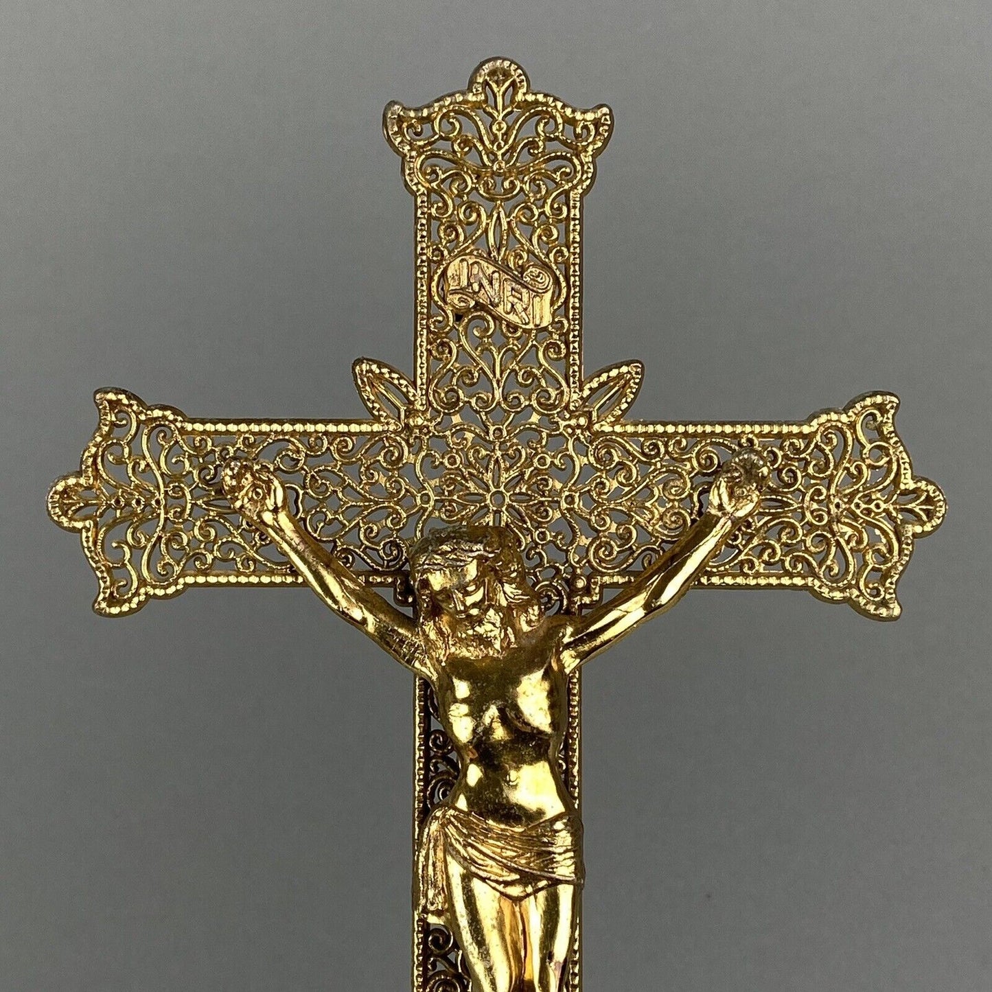 Crucifix Jesus Catholic Cross INRISolid Brass Gold-Tone Filigree Wall Decor 9”