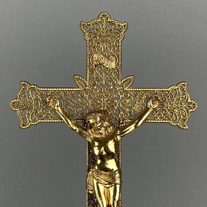 Crucifix Jesus Catholic Cross INRISolid Brass Gold-Tone Filigree Wall Decor 9”