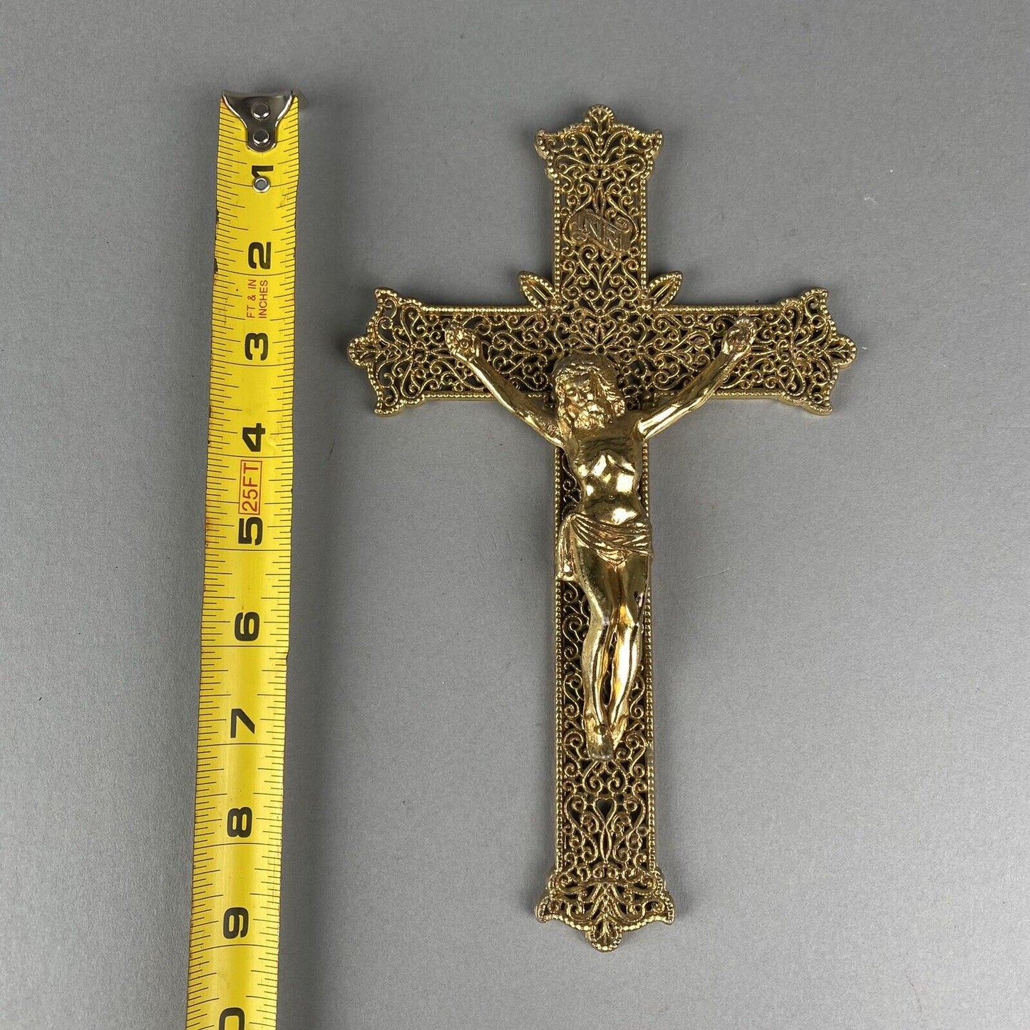 Crucifix Jesus Catholic Cross INRISolid Brass Gold-Tone Filigree Wall Decor 9”