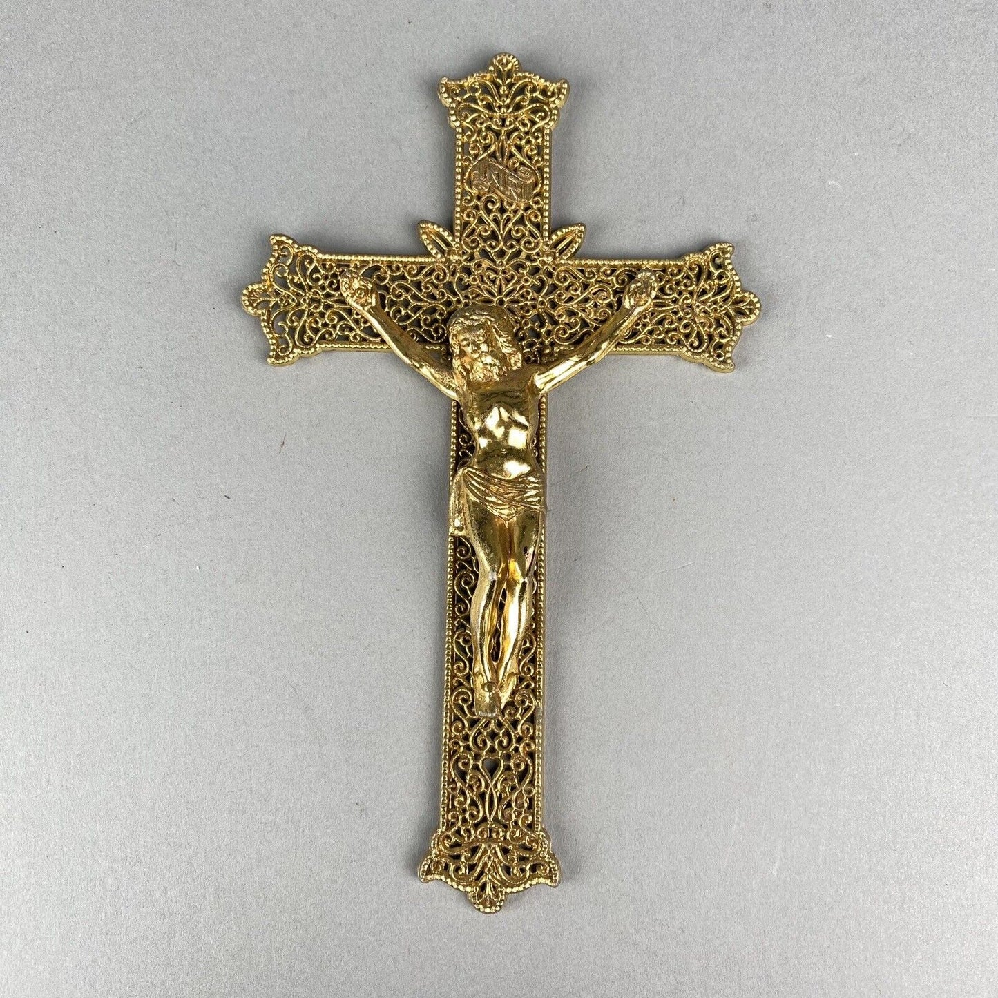 Crucifix Jesus Catholic Cross INRISolid Brass Gold-Tone Filigree Wall Decor 9”