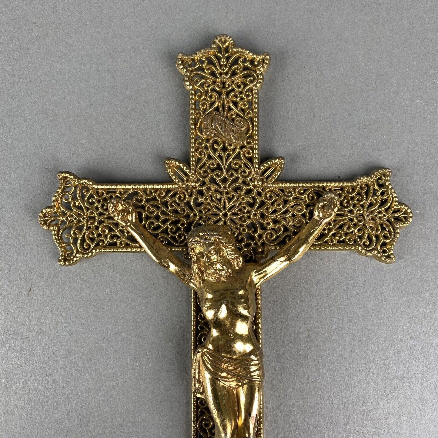 Crucifix Jesus Catholic Cross INRISolid Brass Gold-Tone Filigree Wall Decor 9”