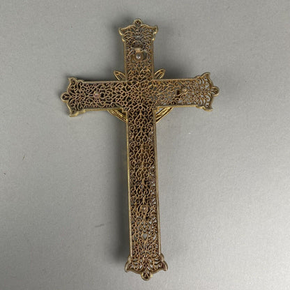 Crucifix Jesus Catholic Cross INRISolid Brass Gold-Tone Filigree Wall Decor 9”