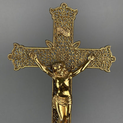 Crucifix Jesus Catholic Cross INRISolid Brass Gold-Tone Filigree Wall Decor 9”