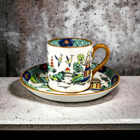 CROWN STAFFORDSHIRE Demitasse Cup & Saucer Asian Scene Fine Bone China