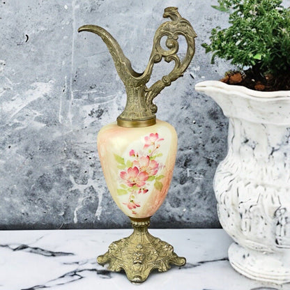 Antique Victorian Mantle Hand Painted Porcelain and Metal Ewer 16" Tall