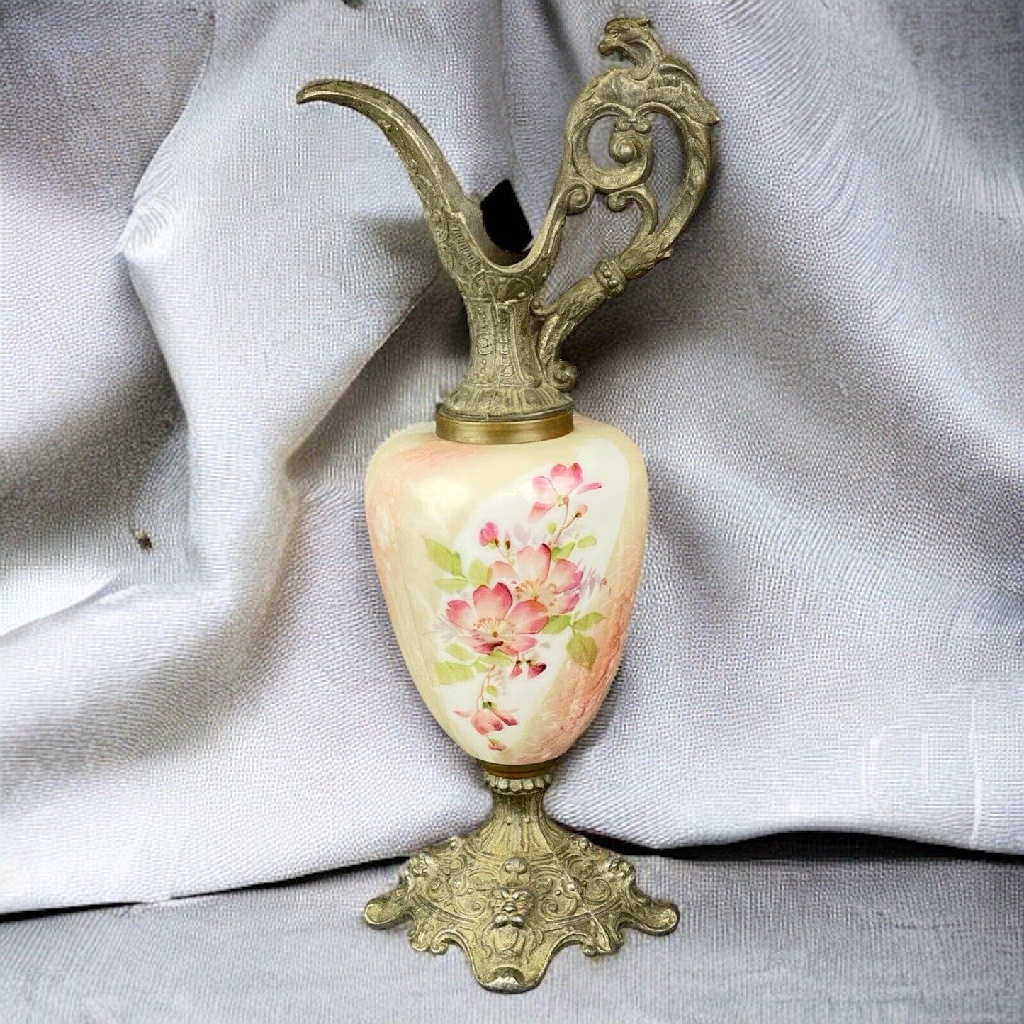 Antique Victorian Mantle Hand Painted Porcelain and Metal Ewer 16" Tall