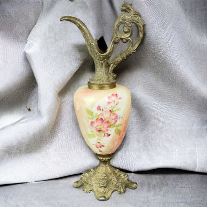 Antique Victorian Mantle Hand Painted Porcelain and Metal Ewer 16" Tall