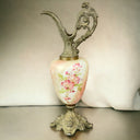 Antique Victorian Mantle Hand Painted Porcelain and Metal Ewer 16" Tall