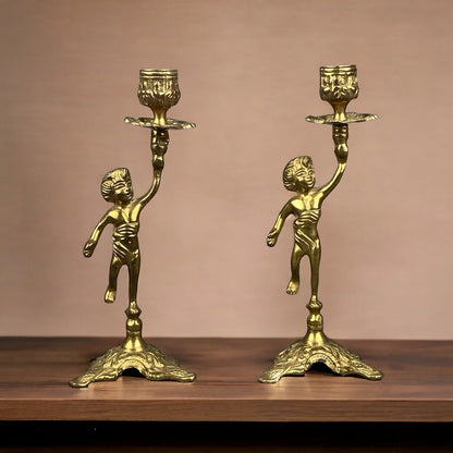 Vintage Brass Cherub Candle Holders Candlesticks, Shelf Mantel 9" Tall