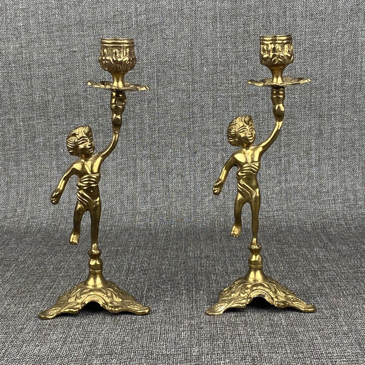 Vintage Brass Cherub Candle Holders Candlesticks, Shelf Mantel 9" Tall