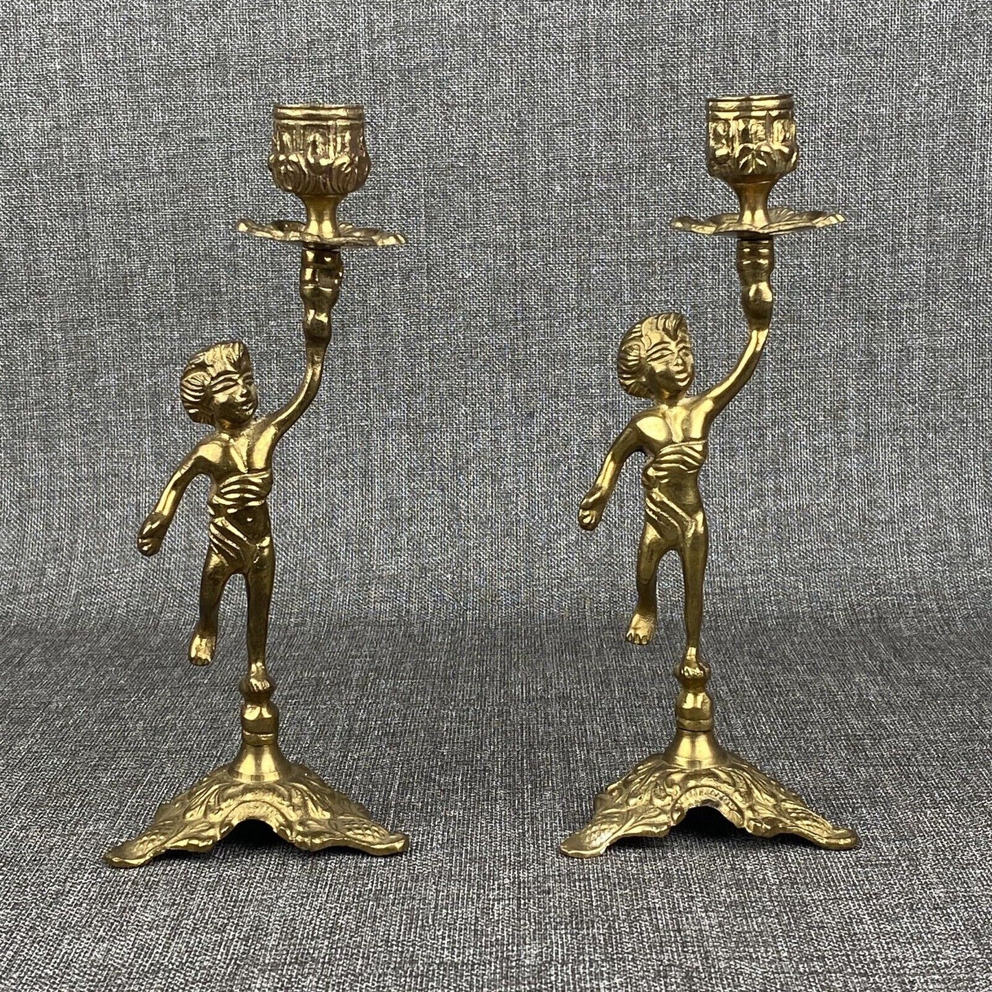 Vintage Brass Cherub Candle Holders Candlesticks, Shelf Mantel 9" Tall