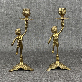 Vintage Brass Cherub Candle Holders Candlesticks, Shelf Mantel 9" Tall