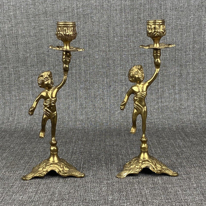 Vintage Brass Cherub Candle Holders Candlesticks, Shelf Mantel 9" Tall