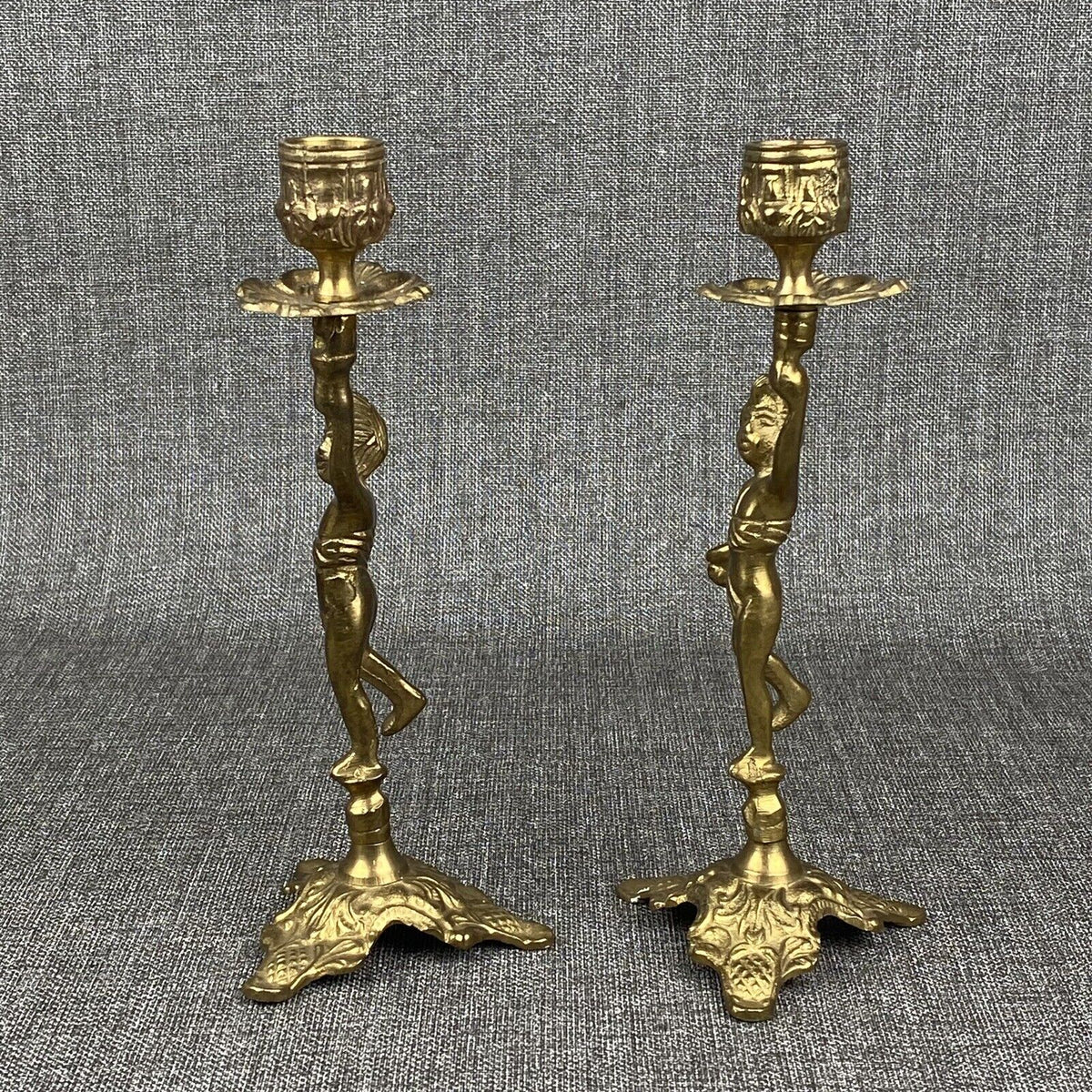 Vintage Brass Cherub Candle Holders Candlesticks, Shelf Mantel 9" Tall