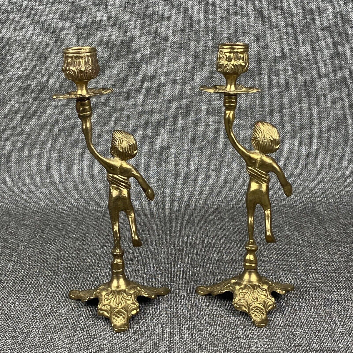 Vintage Brass Cherub Candle Holders Candlesticks, Shelf Mantel 9" Tall