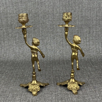 Vintage Brass Cherub Candle Holders Candlesticks, Shelf Mantel 9" Tall