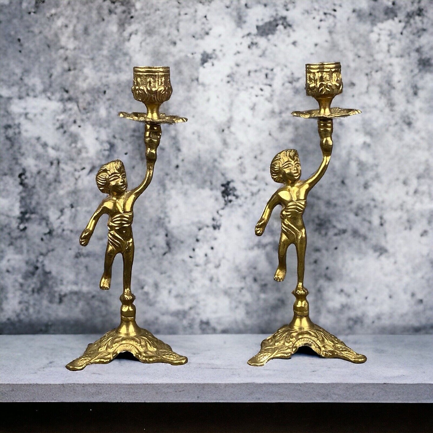 Vintage Brass Cherub Candle Holders Candlesticks, Shelf Mantel 9" Tall