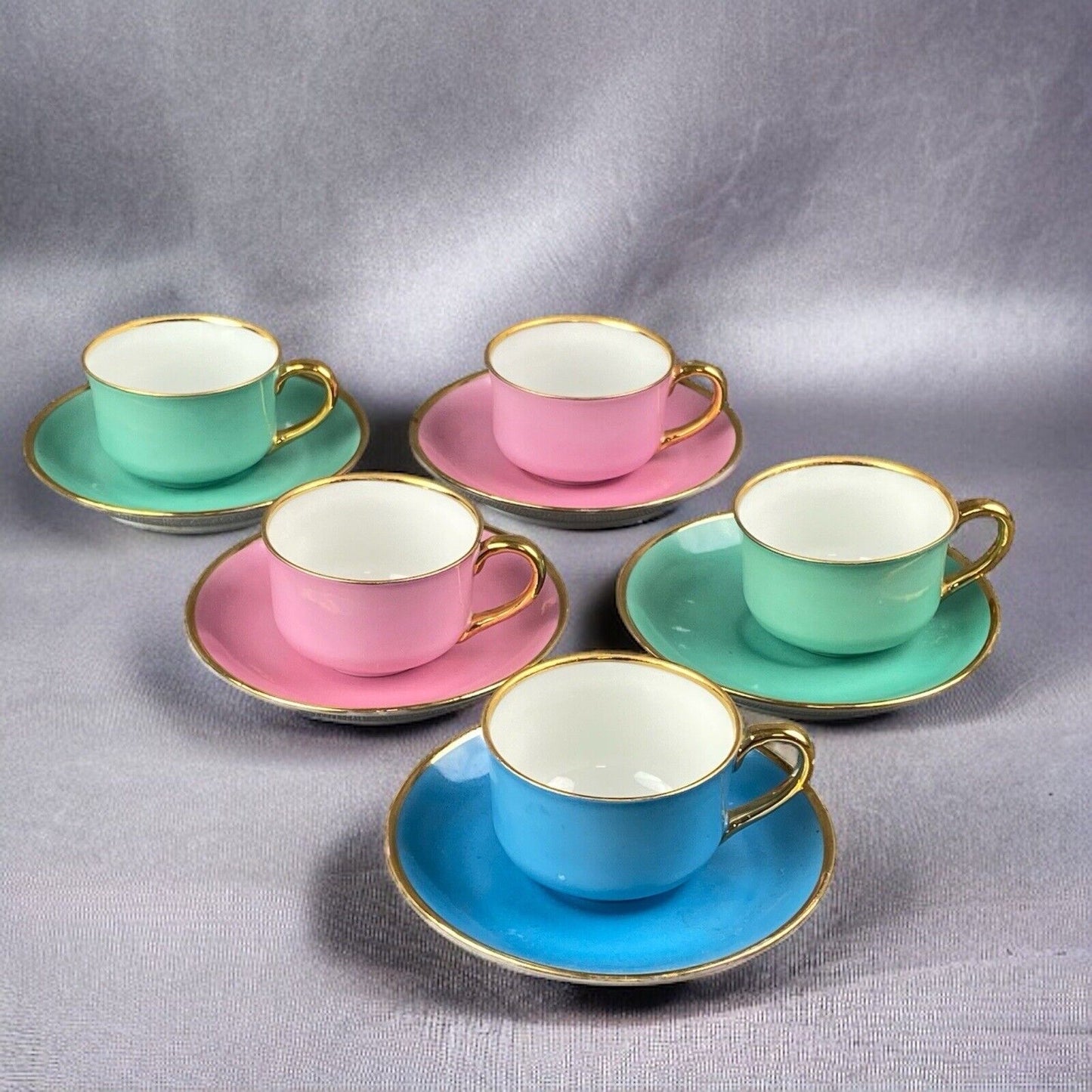 Von Schierholz German Dresden Porcelain 5 Colorful Demitass Coffee Cups &Saucers