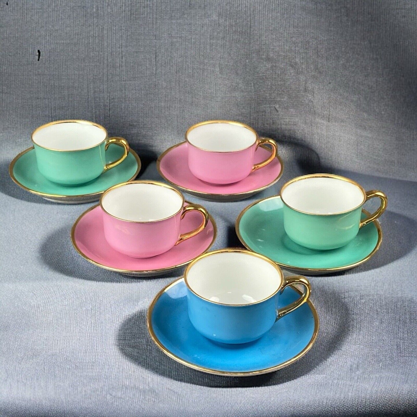 Von Schierholz German Dresden Porcelain 5 Colorful Demitass Coffee Cups &Saucers