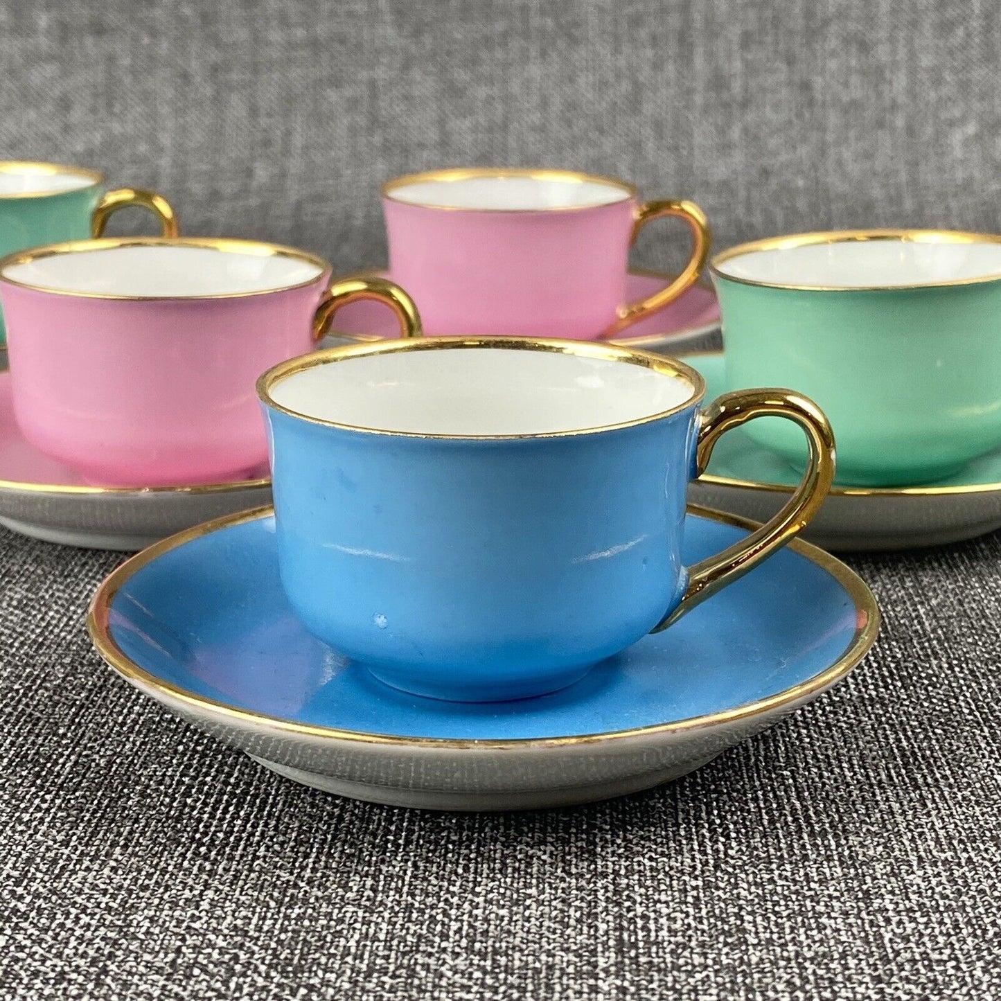 Von Schierholz German Dresden Porcelain 5 Colorful Demitass Coffee Cups &Saucers