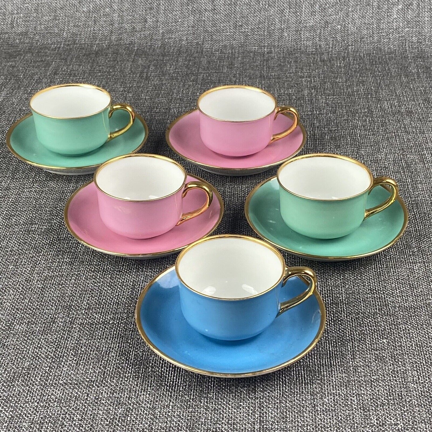 Von Schierholz German Dresden Porcelain 5 Colorful Demitass Coffee Cups &Saucers