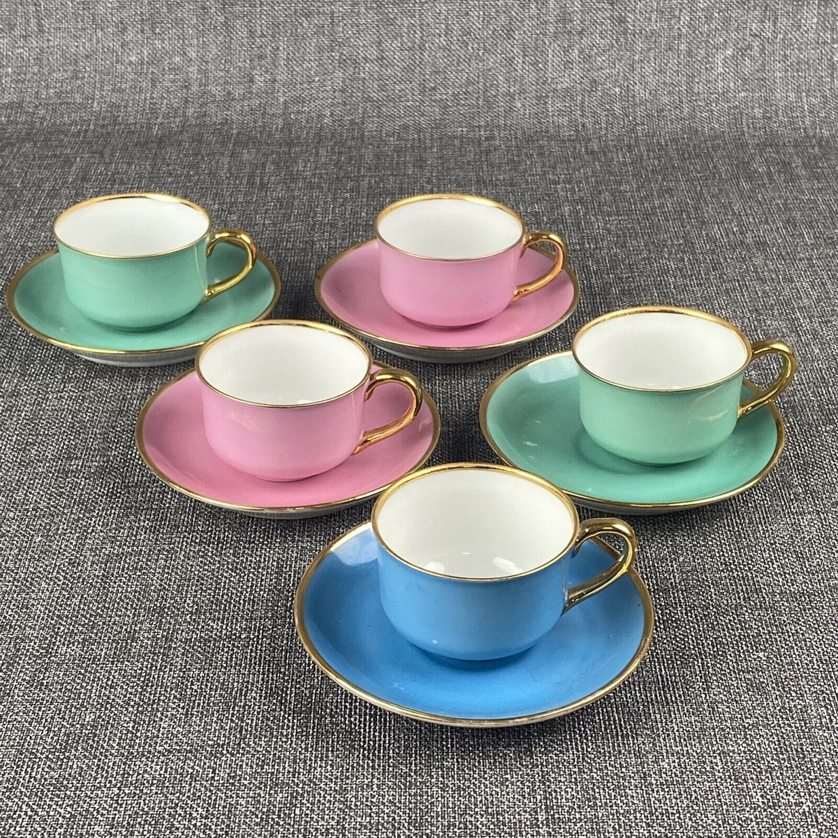 Von Schierholz German Dresden Porcelain 5 Colorful Demitass Coffee Cups &Saucers