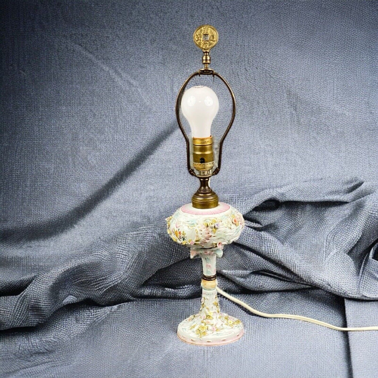 Delicate Antique Lamp with Floral Added 21" Tall