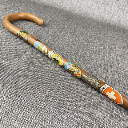 Unique Beautiful Vintage German Walking Stick Cane with 6 Badges 3ft tall