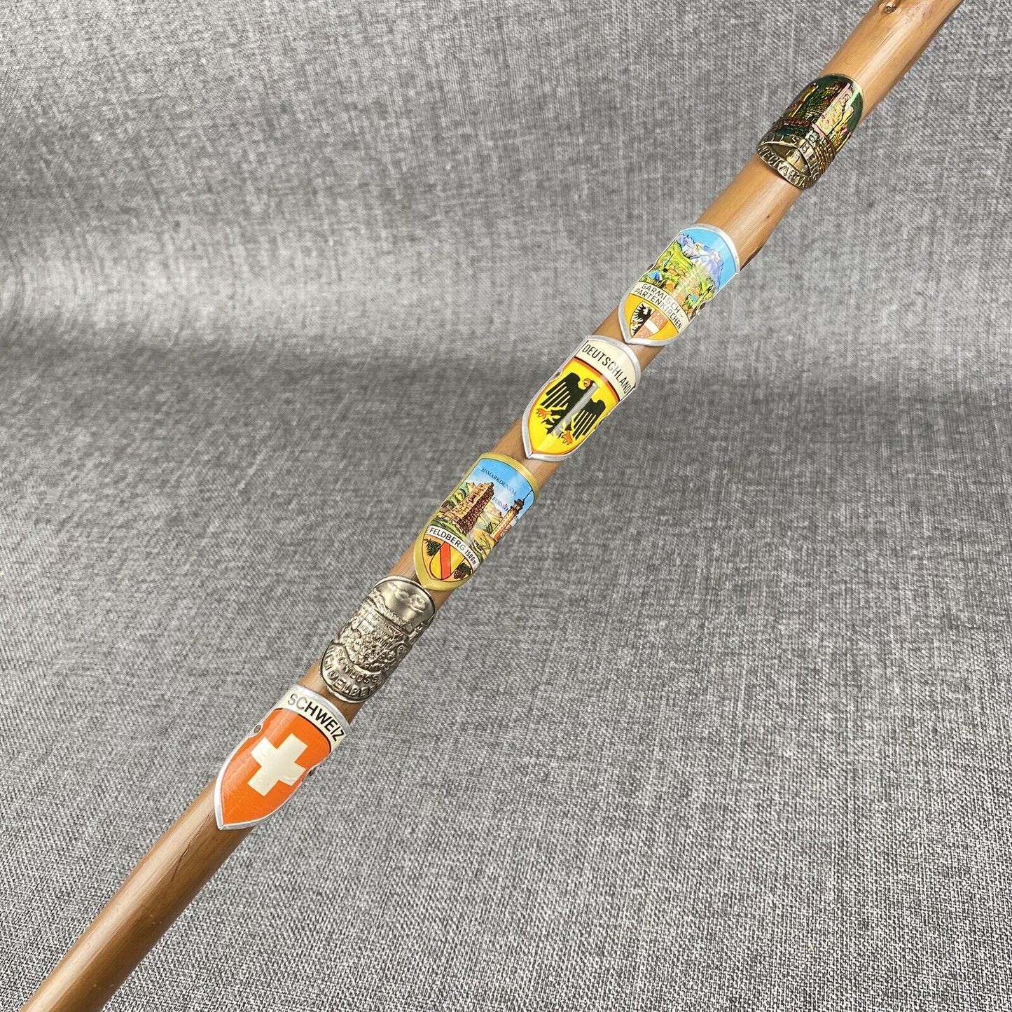 Unique Beautiful Vintage German Walking Stick Cane with 6 Badges 3ft tall