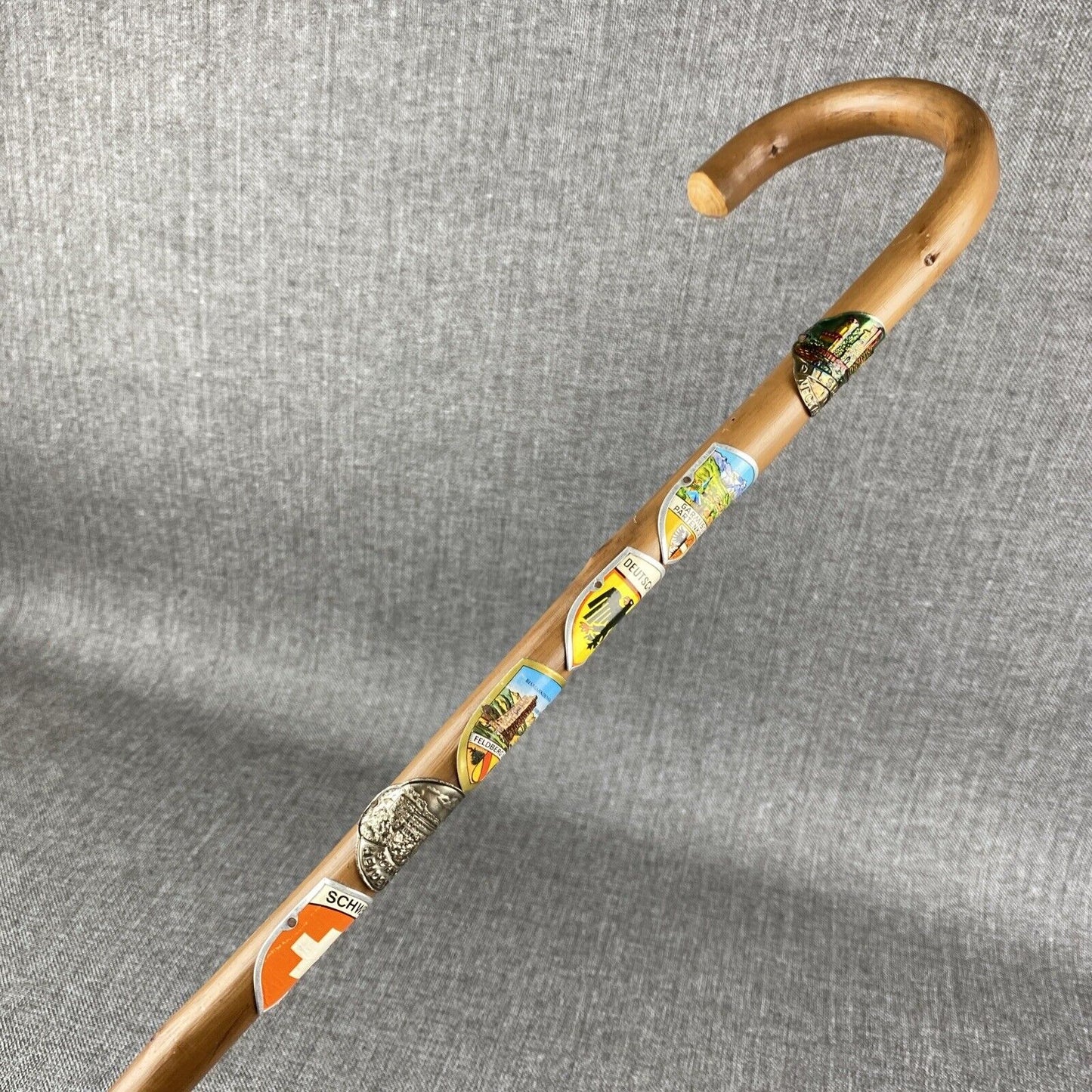 Unique Beautiful Vintage German Walking Stick Cane with 6 Badges 3ft tall