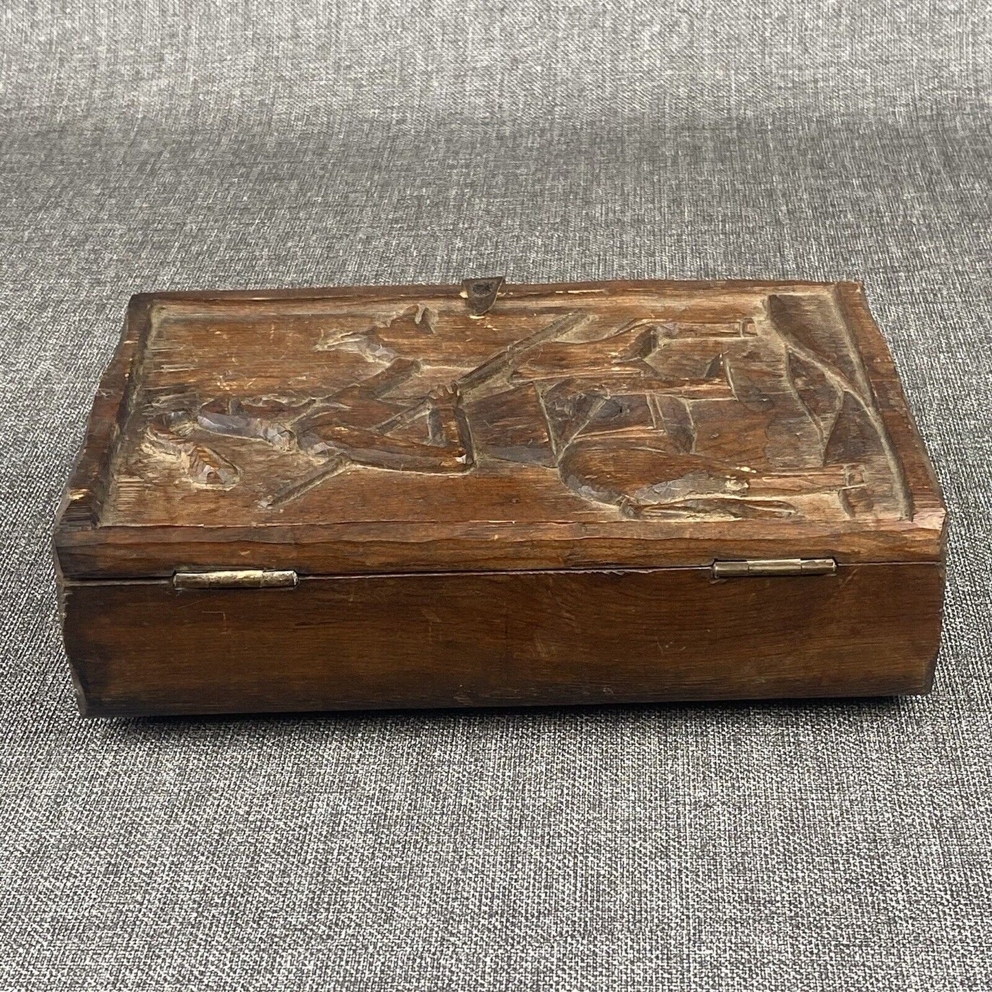 Antique Hand Carved Wooden Jewelry Box 9"x6"x2.5" , hand forged hardware