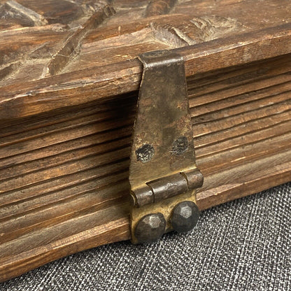 Antique Hand Carved Wooden Jewelry Box 9"x6"x2.5" , hand forged hardware