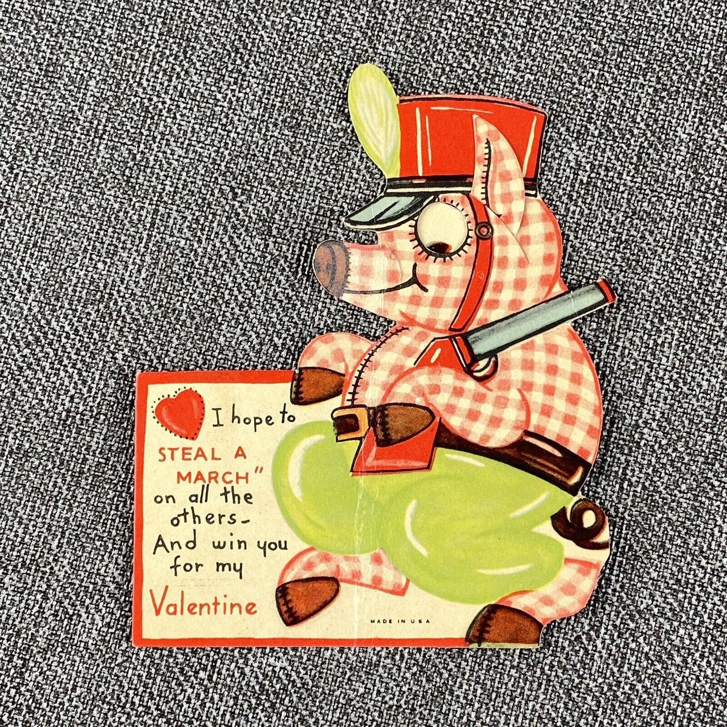 Vintage Mechanical Valentine Day Heart Card Pig With Shotgun USA