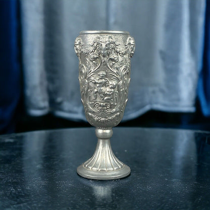 Antique Italian Pewter Altar Ritual Chalice Goblet Goat Heads Putti Cherubs RARE