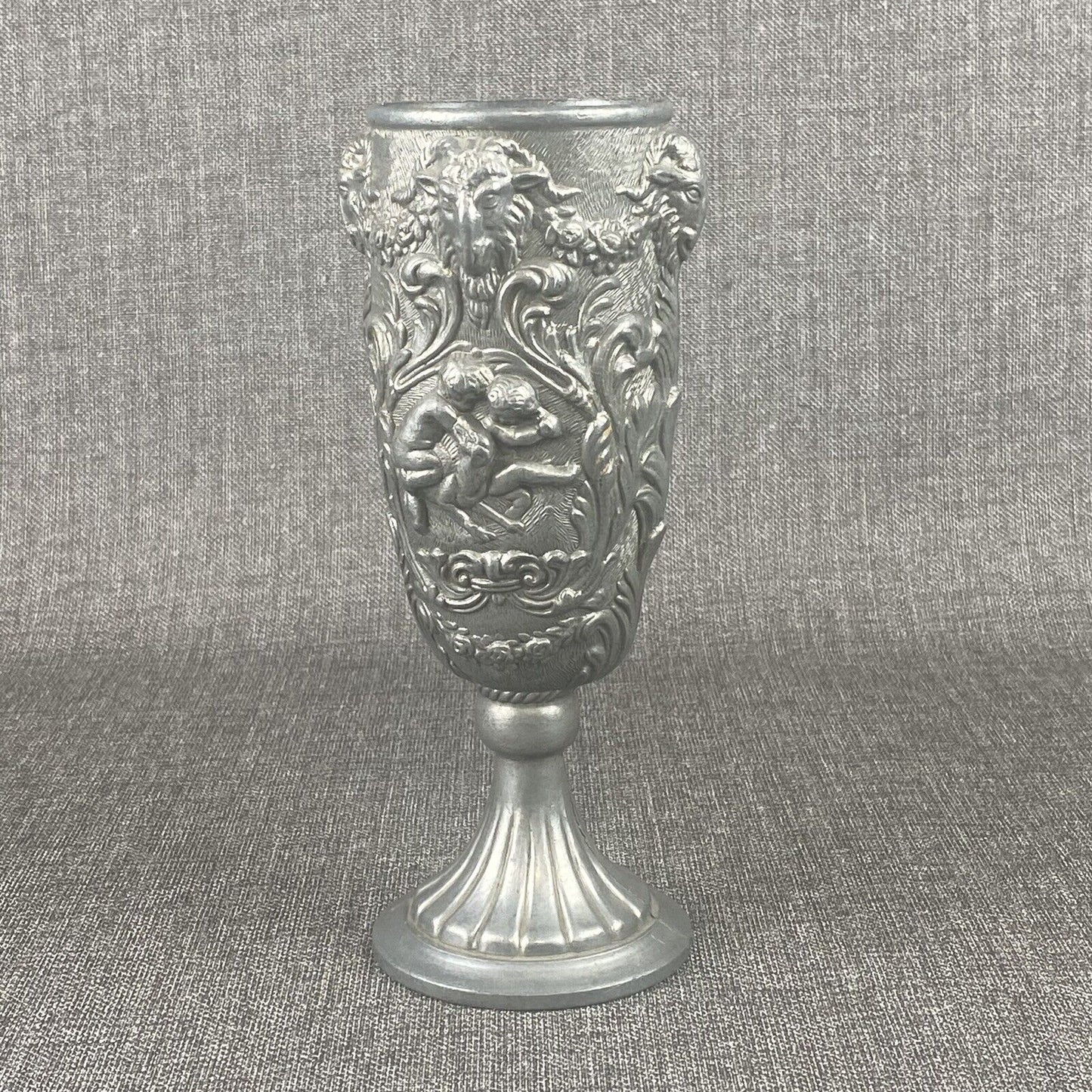 Antique Italian Pewter Altar Ritual Chalice Goblet Goat Heads Putti Cherubs RARE