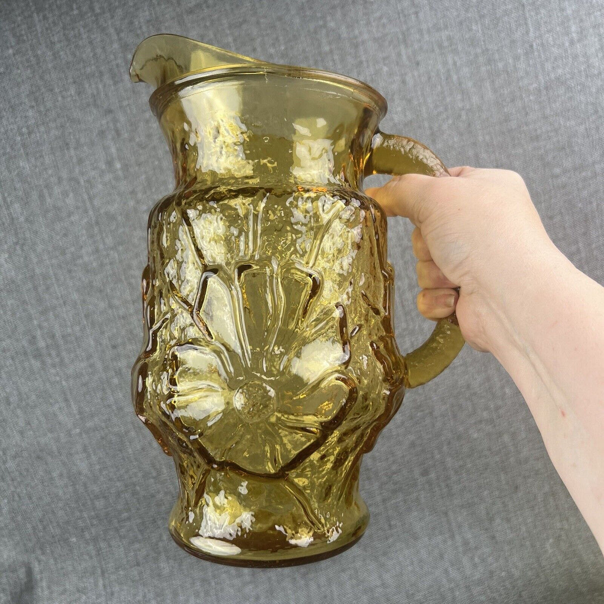 Vintage Anchor Hocking Rain Flower Amber Glass Pitcher