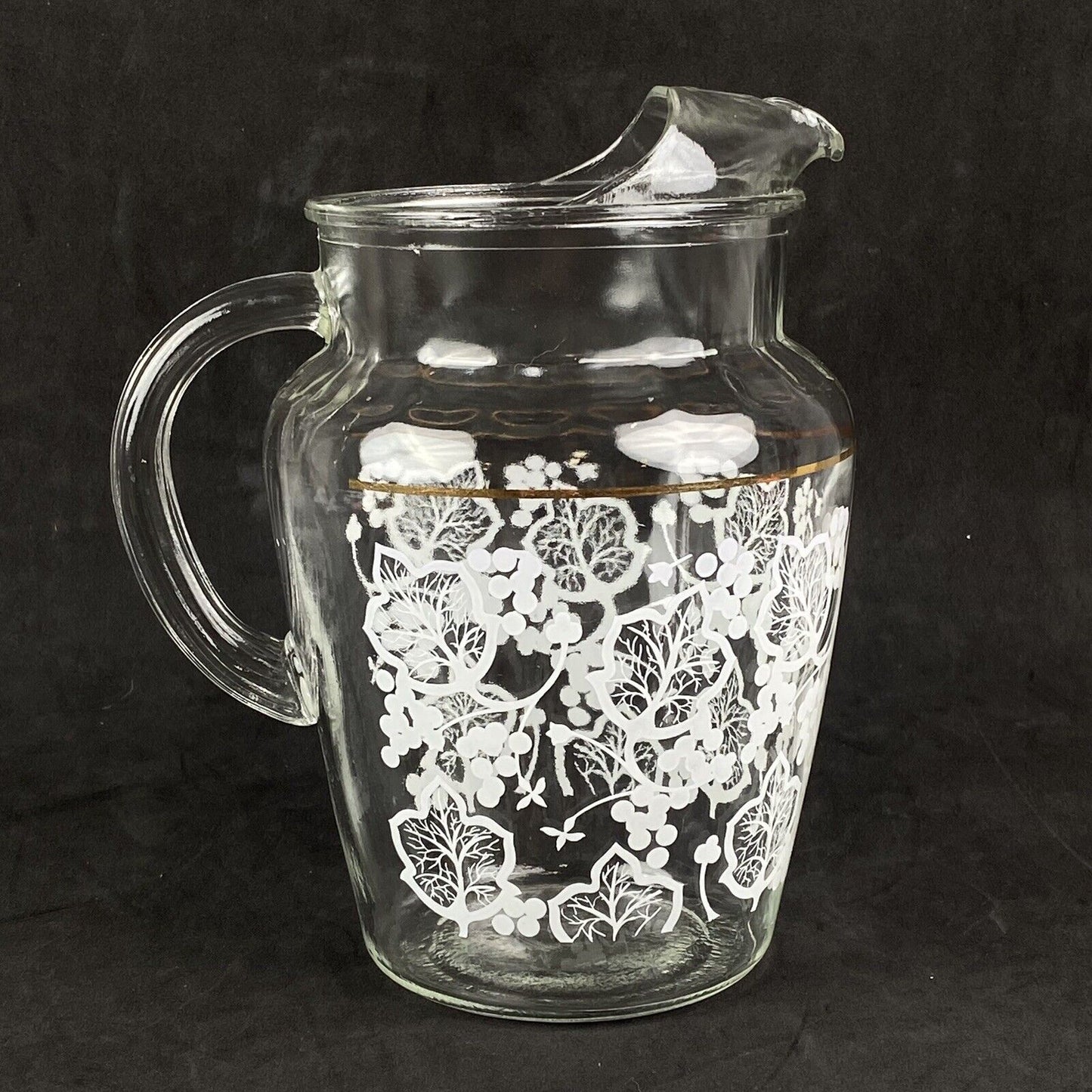 A.H. Clear Glass Pitcher with White Leaves and Berries