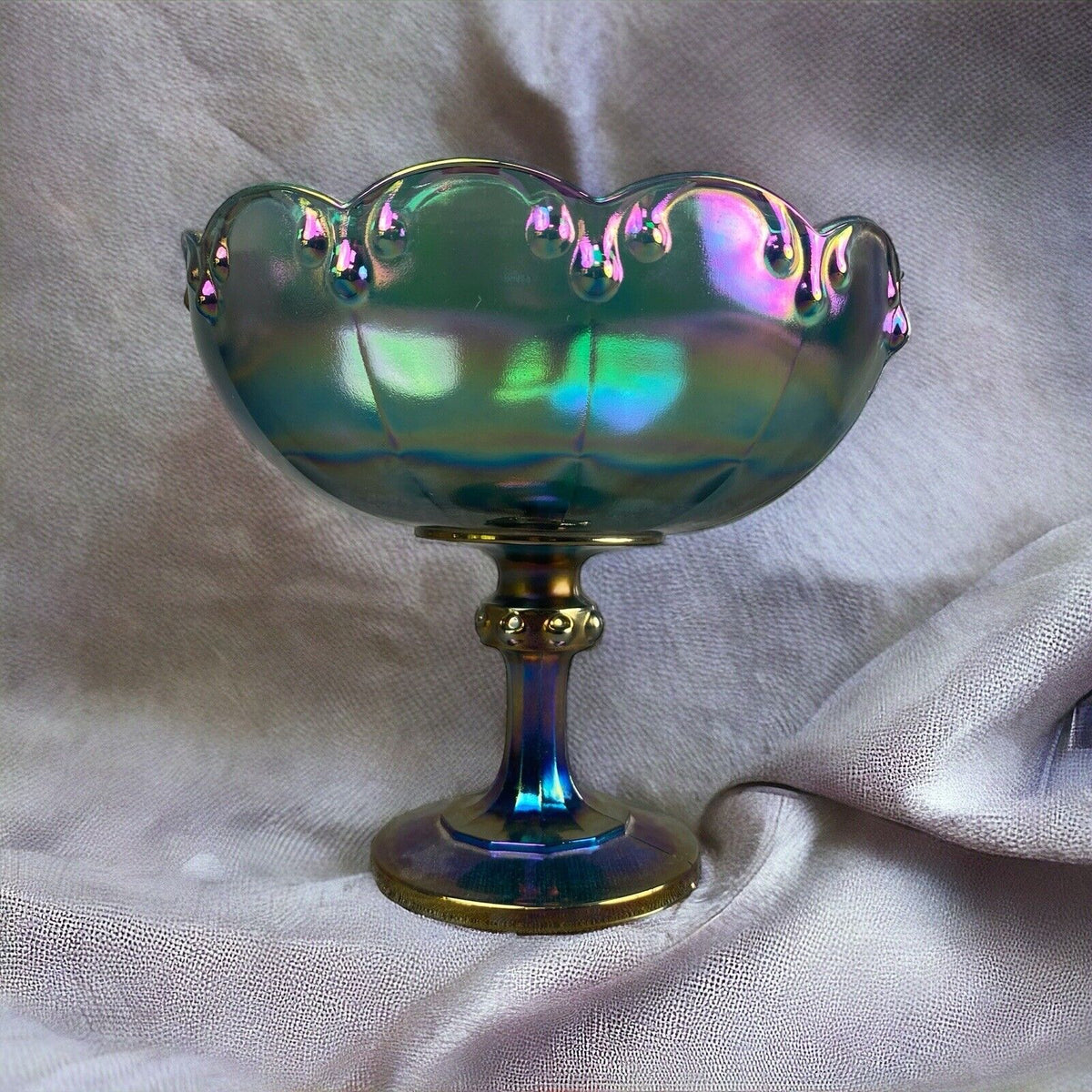 Vintage Indiana Iridescent Blue/purple Carnival Glass Compote Pedestal Bowl